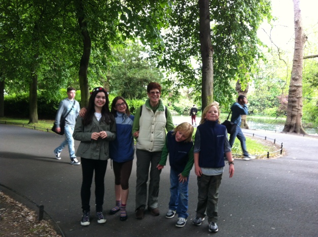 Pat with the grandkids in Stephen's Green. Emmie cleaned up well after the bog visit.